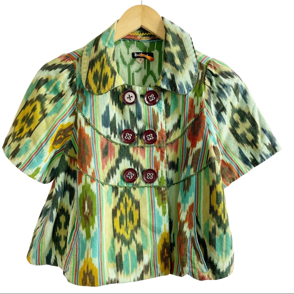 Taikonhu Women Short Sleeve Patterned Waist Jacket Blazer Sz 6 Pockets Buttoned